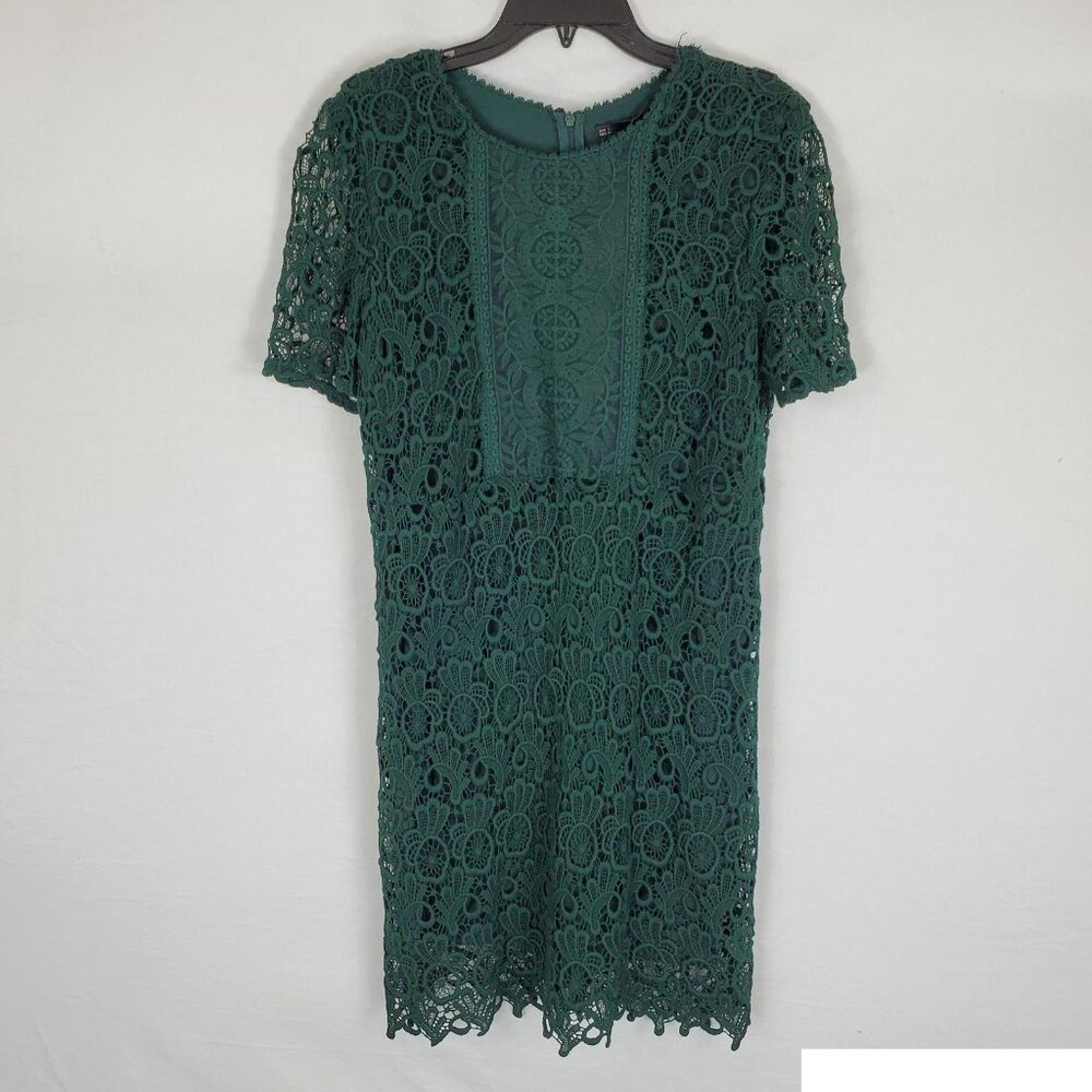 NWT! Sfera Green Floral Schiffli Embroidered Lace Knit Dress, Short slv, Large